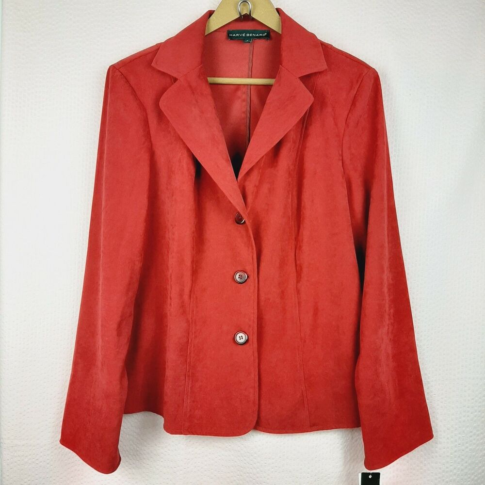 NEW Harve Benard Women Blazer Faux Red Suede Long Sleeve With Buttons Size L